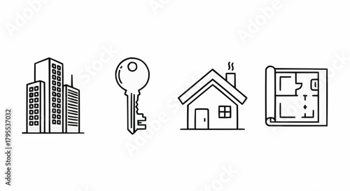 Outline drawing of city buildings, key, house with smoke, and blueprint on white background design