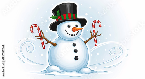 Joyful snowman holding candy canes in a winter wonderland, perfect for festive holiday greetings and seasonal promotions