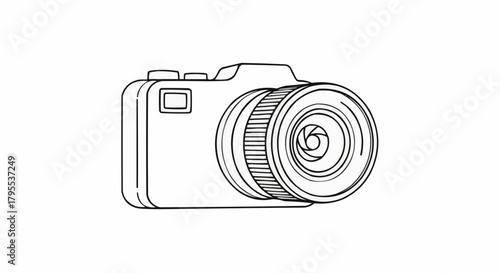 A simple line drawing of a camera with a large lens and a rectangular viewfinder shown clearly