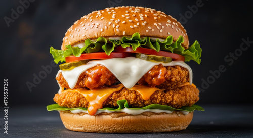 Juicy double chicken burger with melted cheese and fresh lettuce on a sesame seed bun