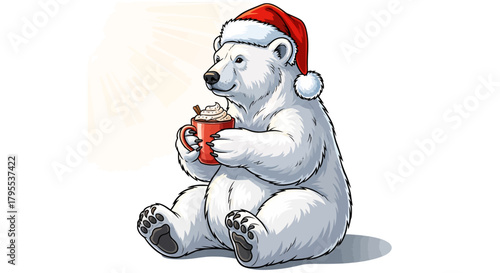 Adorable polar bear wearing Santa hat enjoys a warm cup of cocoa with whipped cream and cinnamon, radiating holiday cheer and cozy winter vibes.