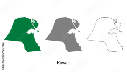 Kuwait map set. Kuwait map vector. Kuwait map on green, gray, and outline