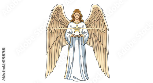 Serene angel holding a glowing star, radiating peace and divine light with elegant feathered wings extended wide, a symbol of hope and guidance.