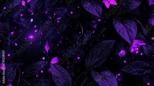 A cluster of purple flowers and leaves with glowing centers.