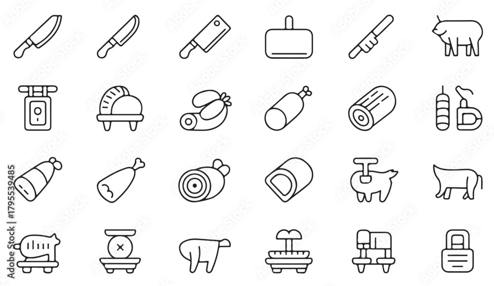 Fototapeta premium Collection of sausage, beef, pork, and butchery tool icons for culinary use