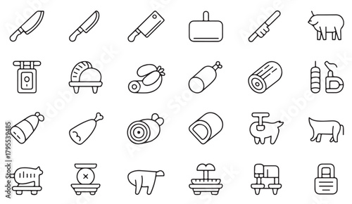 Collection of sausage, beef, pork, and butchery tool icons for culinary use