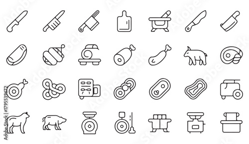 Meat and butchery equipment icons in clean, simple line art style