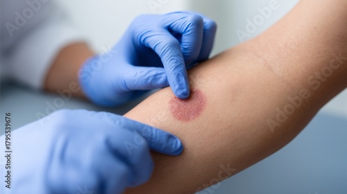 Dermatologist examining patient's arm skin rash, diagnosis of allergy, eczema, or fungal infection in a clinic