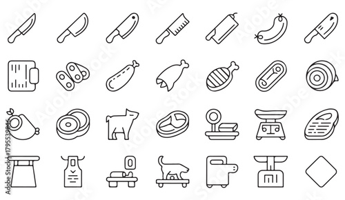 Outline vector icons featuring butcher knives, cuts of meat, and farm animals