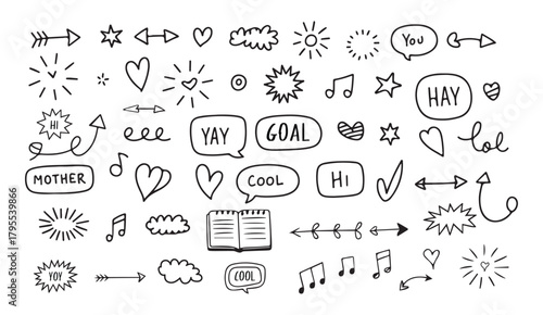 Hand drawn doodles of hearts stars arrows and speech bubbles