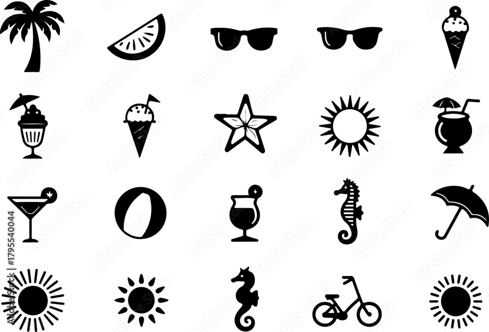 Fototapeta premium Summer Travel & Lifestyle Silhouette Icon Set – Beach, Sun & Fun Symbols
