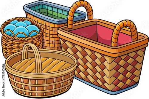 Wicker baskets for home storage, natural woven organizer decor, minimalist interior, stylish home decor, and functional modern home design concept.