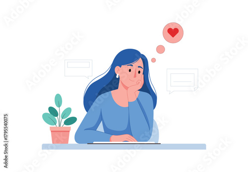 A young woman is sitting at a desk and thinking about love, vector illustration