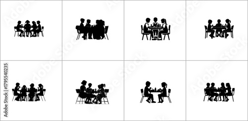 Silhouettes of people sitting at tables