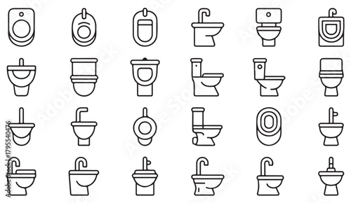 Modern line art icons featuring assorted toilet, urinal, and bidet designs