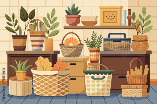 Wicker baskets for home storage, natural woven organizer decor, minimalist interior, stylish home decor, and functional modern home design concept.