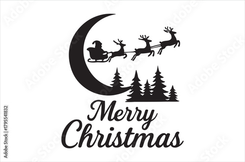 Silhouette of santa and reindeer flying across a crescent moon christmas greeting
