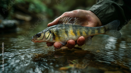 A hand holding a yellow perch fish over a flowing stream in a natural outdoor environment view