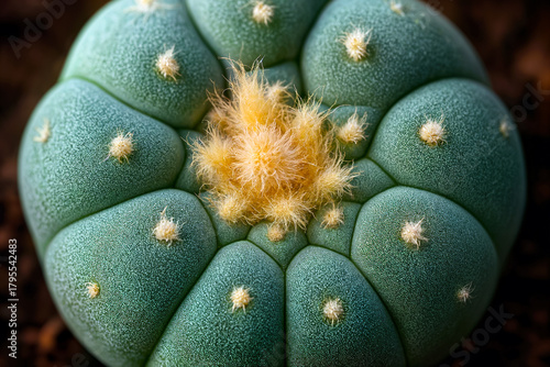 Macro peyote cactus (Lophophora williamsii) detail showing fine surface texture and soft yellow tuft center