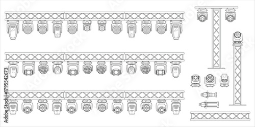 Black-and-white technical drawing of stage truss structures with multiple moving heads, spotlights and LED fixtures. Detailed top-view layout for stage lighting design and professional rigging setups.