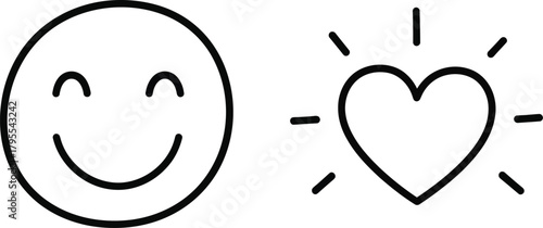Simple line art of a happy face and a glowing heart, representing joy and love