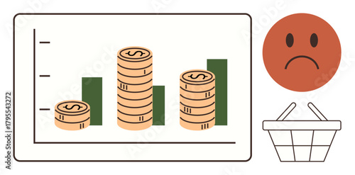 Stacked coins on a bar chart symbolize rising costs. Sad face and empty basket reflect financial strain. Ideal for economy, budget, inflation, expenses, financial planning, savings, simple flat
