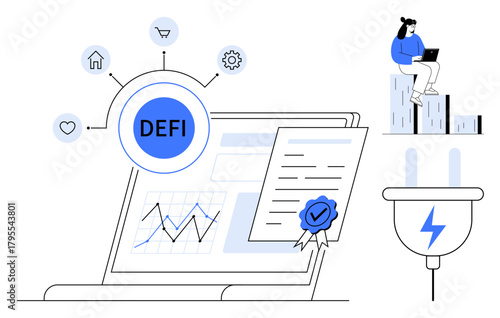 Laptop and smart contracts with charts, DEFI icon, plug for connectivity, and user with laptop. Ideal for technology, blockchain, innovation, finance analytics connectivity empowerment. Simple