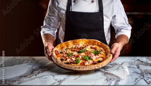 pizzaiolo placing a gourmet pizza on a marble countertop