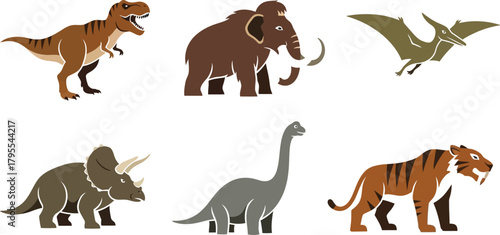 Collection of prehistoric animals including dinosaurs and mammoths