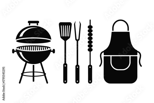 Barbecue grill and accessories set, including spatula, fork, skewer, and apron