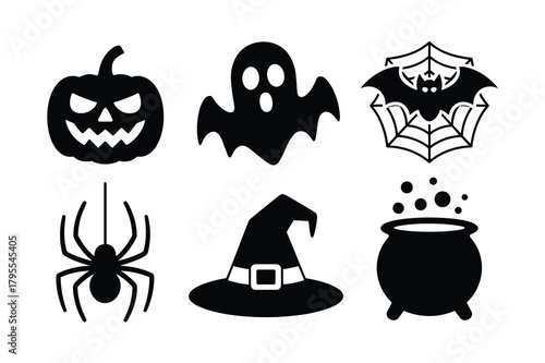 Set of six black halloween icons including a pumpkin, ghost, bat, spider, witch hat, and cauldron