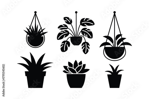 Collection of black silhouette potted and hanging houseplants