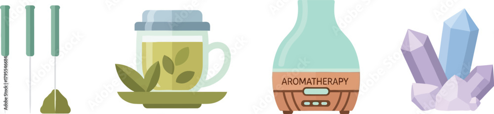 Fototapeta premium Wellness essentials: acupuncture needles, herbal tea, aromatherapy diffuser, and healing crystals