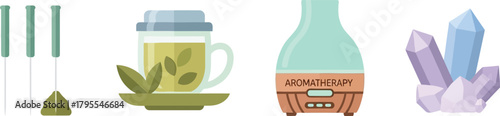 Wellness essentials: acupuncture needles, herbal tea, aromatherapy diffuser, and healing crystals