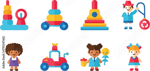 Collection of colorful children's toys and playful characters