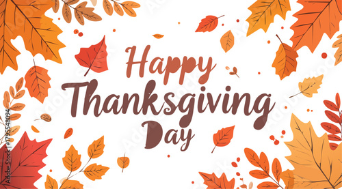 Happy thanksgiving day text with autumn leaves border