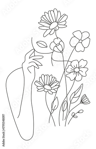 Minimalist line art woman and flowers design