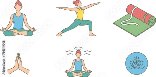 Diverse yoga poses and symbols for wellness and meditation