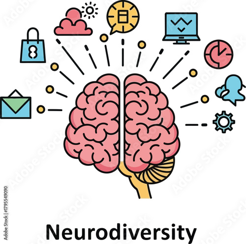 Brain with radiating icons symbolizing diverse thoughts and ideas, representing neurodiversity and creativity
