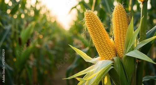 Ripe corn cobs in a field at sunset corncob maize agriculture crop harvest yellow food plant farming countryside rural nature outdoors