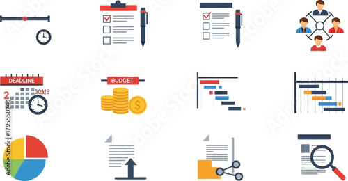 Collection of flat icons representing business planning, project management, and financial tasks.
