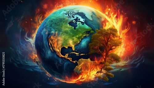 earth split between vibrant life and raging fire