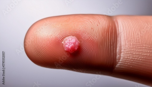 realistic close up of finger with pink hpv wart showcasing intricate details and textures evoking curiosity and concern