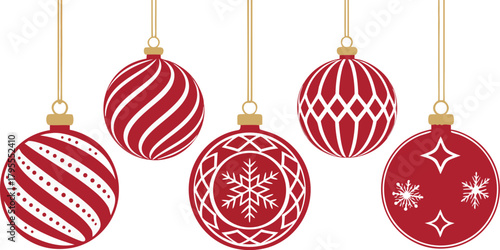 Red and White Christmas Baubles Collection – Festive Holiday Ornaments Set with Snowflake, Star, and Stripe Designs.