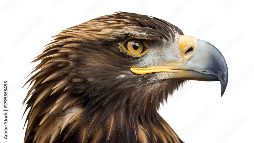 Fototapeta premium Golden eagle head portrait isolated on a transparent background for commercial use.