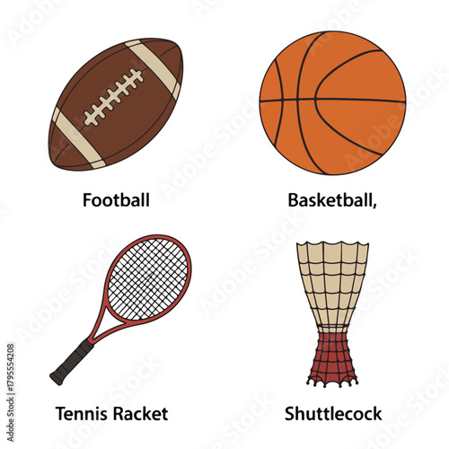 Sport equipment with football, basketball, tennis racket and shuttlecock isolated