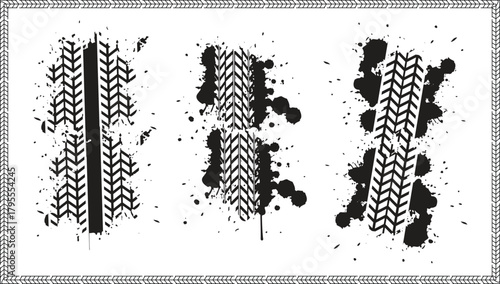 Three black tire tracks with paint splatters on a white background abstract design