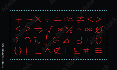 Collection of glowing neon mathematical and scientific symbols on a dark background