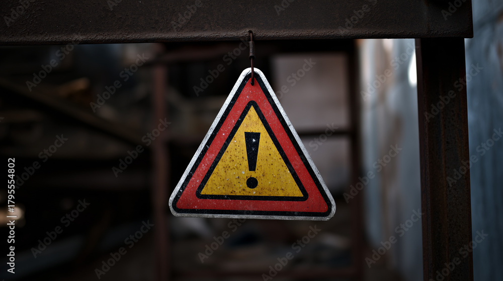 Naklejka premium Placa triangular de atenção pendurada em ambiente industrial, simbolizando risco, segurança no trabalho e alerta visual para áreas que exigem cuidado e prevenção de acidentes