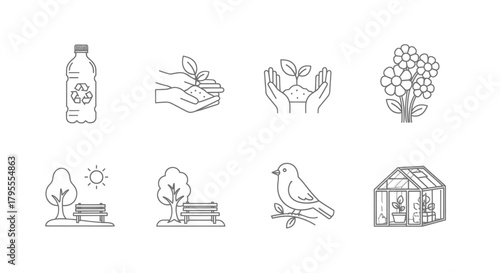 Eco-friendly icons symbolizing nature, growth, and sustainability for environmental concepts.
